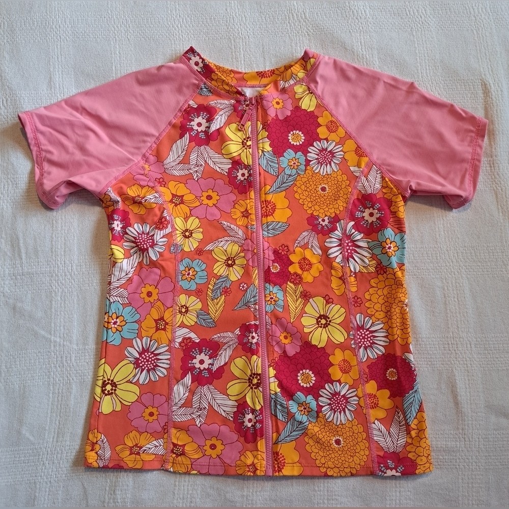 Garnet Hill girls size 14 pink & floral swim rash guard, full front zipper, EUC